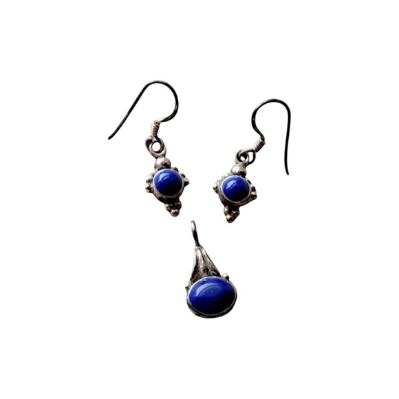 Unbranded Jewelry - Vintage 925 Sterling Silver Lapis Lazuli Pendant and Earrings Jewelry Set Blue